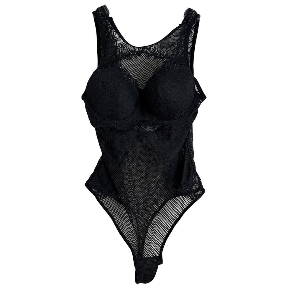 BCBGeneration Black Floral Lace & Mesh Sheer Bodysuit Leotard Underwire Size Med